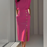 Aina - Vestido midi liso com fenda de botões e decote redondo