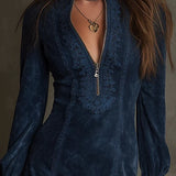 Brisa - Vestido Mini Delfine em Camurça com Renda