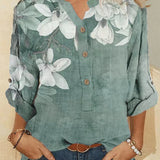 Camisa feminina de gola alta em algodão com bordados florais