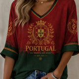 Futebol Português Feminino Estampado Casual T-shirt