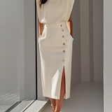 Aina - Vestido midi liso com fenda de botões e decote redondo