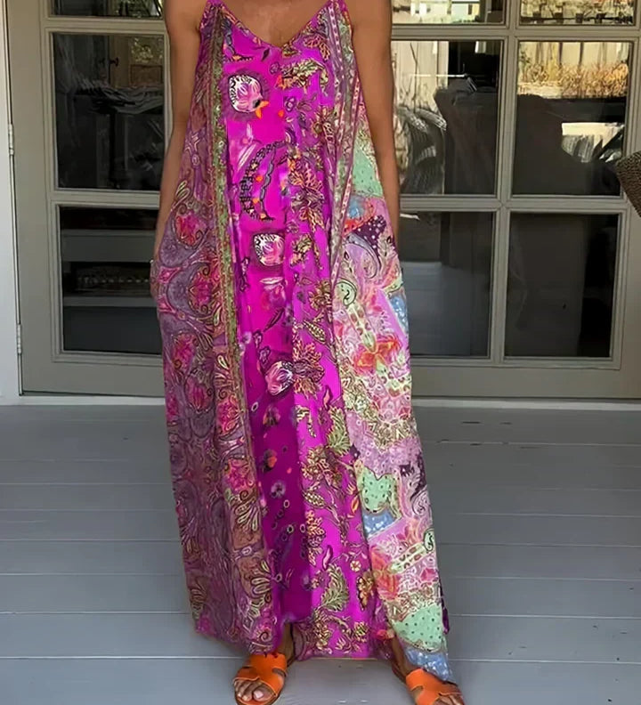 Andrea - Vestido casual com decote em V e estampado de blocos de cores