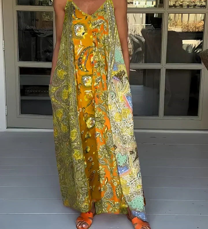 Andrea - Vestido casual com decote em V e estampado de blocos de cores