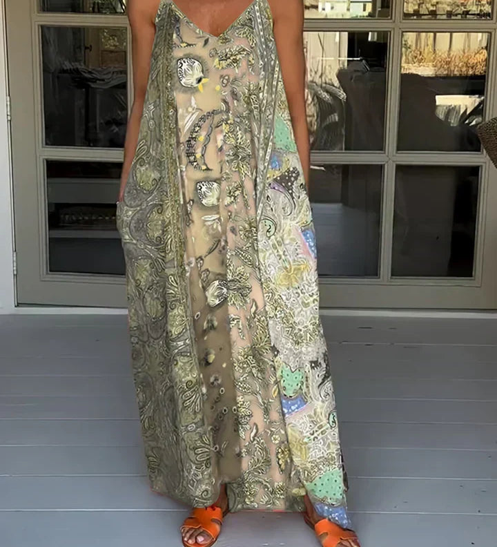 Andrea - Vestido casual com decote em V e estampado de blocos de cores