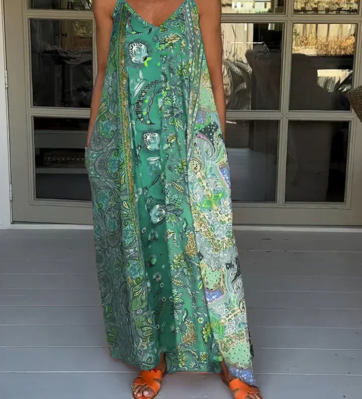 Andrea - Vestido casual com decote em V e estampado de blocos de cores