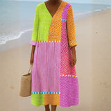 Fátima - Vestido de Patchwork Colorido com Bolinhas e Listras