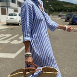 COLEN - VESTIDO CAMISA LISTRADO CLÁSSICO COM RENDA