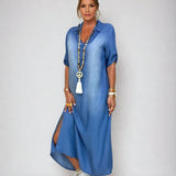 Lea | Vestido longo em look jeans com fenda lateral