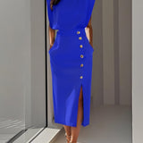 Aina - Vestido midi liso com fenda de botões e decote redondo