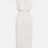 Aina - Vestido midi liso com fenda de botões e decote redondo