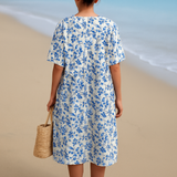 Magnolia - Vestido de Marfim Adornado com Acentos Florais em Azul Porcelana