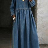 Moda Lusitana - Vestido de ganga com gola redonda e mangas compridas