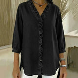 Adele | Blusa em denim fluido com decote em V e volante