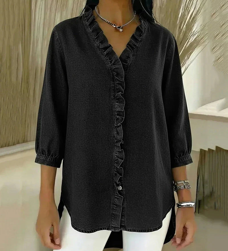 Adele | Blusa em denim fluido com decote em V e volante