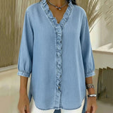 Adele | Blusa em denim fluido com decote em V e volante