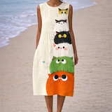 Moda Lusitana - Vestido Midi Confortável com Estampa de Gatos