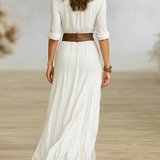 Vestido longo feminino em imitação de algodão e linho com gola de lapela