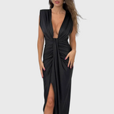 Vestido midi clássico com fenda drapeada e franzida