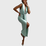 Vestido midi clássico com fenda drapeada e franzida