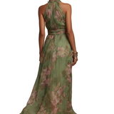 Moda Lusitana - Vestido comprido verde florido em chiffon