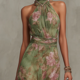 Moda Lusitana - Vestido comprido verde florido em chiffon
