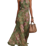 Moda Lusitana - Vestido comprido verde florido em chiffon