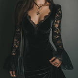 Lunori™ | Vestido mini em veludo e renda Luna