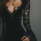 Lunori™ | Vestido mini em veludo e renda Luna