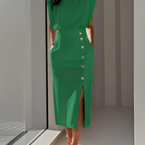 Aina - Vestido midi liso com fenda de botões e decote redondo