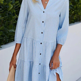 Rebecca - Vestido de camisa solto em linha A com carcela de botões, estampado xadrez e decote alto