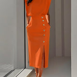 Aina - Vestido midi liso com fenda de botões e decote redondo