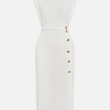 Aina - Vestido midi liso com fenda de botões e decote redondo
