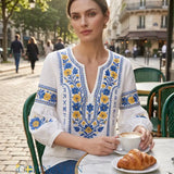 Moda Lusitana - Blusa Artística com Flores e Decote em V