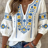 Moda Lusitana - Blusa Artística com Flores e Decote em V