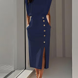 Aina - Vestido midi liso com fenda de botões e decote redondo