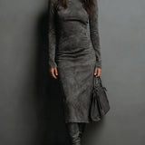 Ilaria - Vestido Midi em Suede com Gola Alta e Mangas Longas