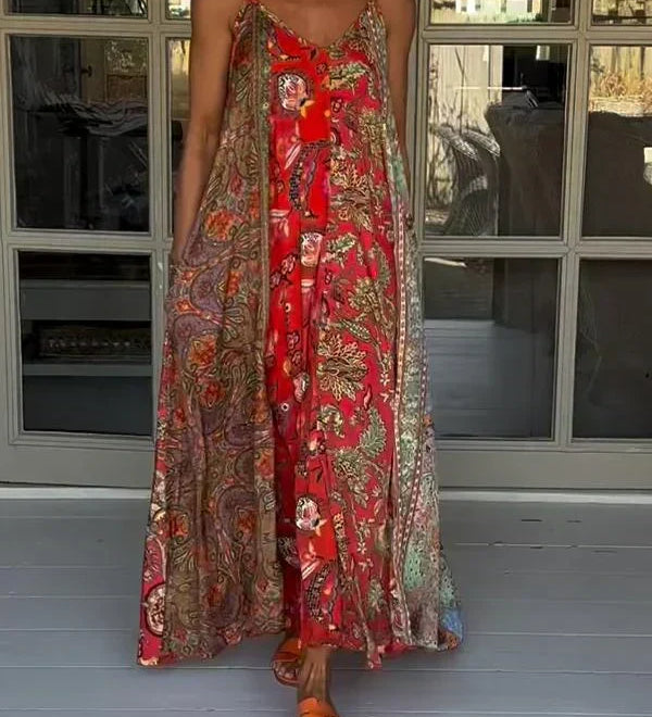Andrea - Vestido casual com decote em V e estampado de blocos de cores