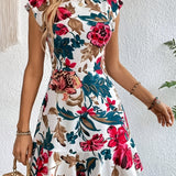 Flora – Vestido curto estampado floral com babados, casual e elegante