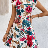 Flora – Vestido curto estampado floral com babados, casual e elegante