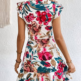 Flora – Vestido curto estampado floral com babados, casual e elegante