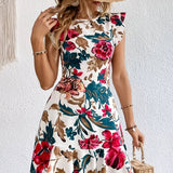 Flora – Vestido curto estampado floral com babados, casual e elegante