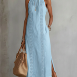 Moda Lusitana - Vestido midi de linho com gola mao