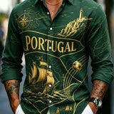 Camisa de Manga Longa com Impressão Artística do Jogo de Futebol da Seleção Portuguesa Masculina