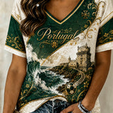 Camiseta com Gola em V e Estampa Artística de Torcida em Jogo de Futebol Feminino de Portugal