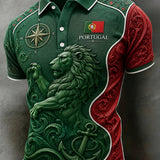 Camisa polo masculina com tema de futebol da seleção portuguesa, estampada em relevo com textura artística
