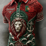 Camisa polo masculina com tema de futebol da seleção portuguesa, estampada em relevo com textura artística