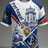 Camisa masculina de manga curta com estampa artística do futebol português em relevo