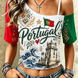 Camiseta de Manga Curta com Estampa Artística do Futebol Feminino de Portugal