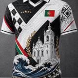 Camisa masculina de manga curta com estampa artística do futebol português em relevo