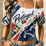Camiseta de Manga Curta com Estampa Artística do Futebol Feminino de Portugal